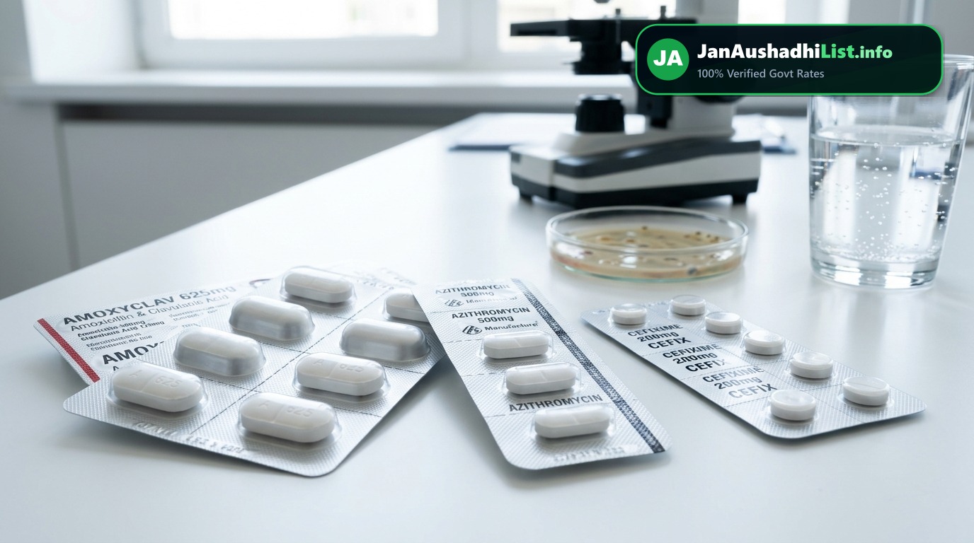 एंटीबायोटिक दवाओं की जन औषधि लिस्ट: Augmentin 625, Azithromycin 500, Cefixime का सस्ता विकल्प और सही उपयोग (2026 गाइड) — Jan Aushadhi Guide