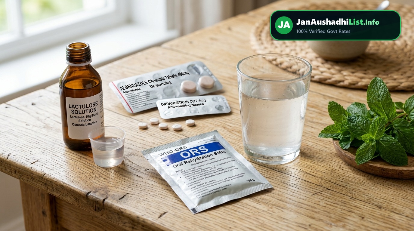 पेट के कीड़े, उल्टी, दस्त और कब्ज (Constipation) की जन औषधि दवाएं: Albendazole, Ondansetron, Lactulose (2026 गाइड) — Jan Aushadhi Guide