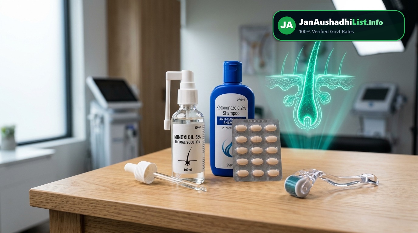 बाल झड़ने (Hair Fall), गंजापन और डैंड्रफ की जन औषधि दवाएं: Minoxidil 5%, Finasteride, Ketoconazole (2026 गाइड) — Jan Aushadhi Guide