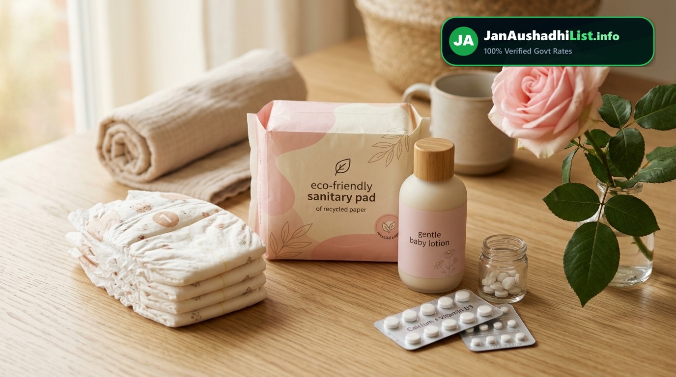 महिलाओं और बच्चों के लिए जन औषधि उत्पाद: Suvidha Sanitary Pad (₹1), Baby Diapers, Folvite और कैल्शियम की पूरी सूची (2026 गाइड) — Jan Aushadhi Guide